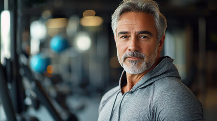 Obraz premium A middle-aged man with salt-and-pepper hair, dressed in workout gear, standing confidently in a gym setting, with fitness equipment visible in the background