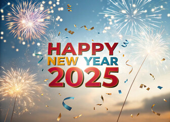 2025 Happy New Year Celebration With Glitter And Fireworks In Blue Eve Night
