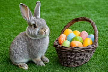 Cute Easter bunny with colorful eggs in a basket on a green grass background. Fluffy rabbit sitting near Easter eggs