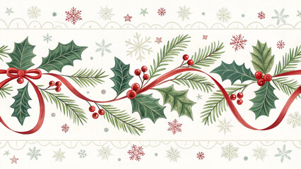 christmas decoration fir tree branches with snow, gold red balls and stars on white background composition
