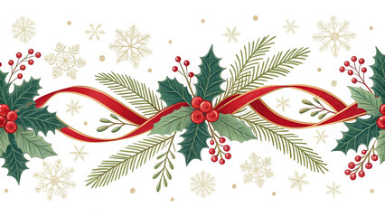 christmas decoration fir tree branches with snow, gold red balls and stars on white background composition
