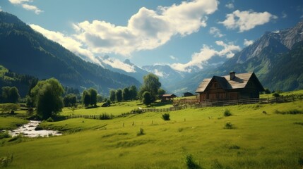 A rustic wooden cabin sits peacefully in a vibrant green valley, surrounded by towering mountains. A gentle stream flows nearby, reflecting the clear blue sky, creating a tranquil atmosphere