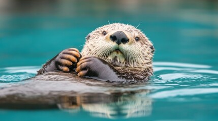 An otter floats in tranquil water, curiously raising its paws above the surface. The clear blue setting provides a calming backdrop. This playful creature enjoys its peaceful surroundings