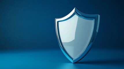 A shiny blue shield stands against a simple blue backdrop, symbolizing protection and safety. The sleek design conveys a sense of security in both digital and physical realms