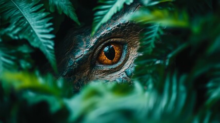 Fototapeta premium A dinosaur eye, rich in texture and color, peers through vibrant green ferns in a prehistoric jungle, evoking a sense of mystery and ancient life in this natural habitat