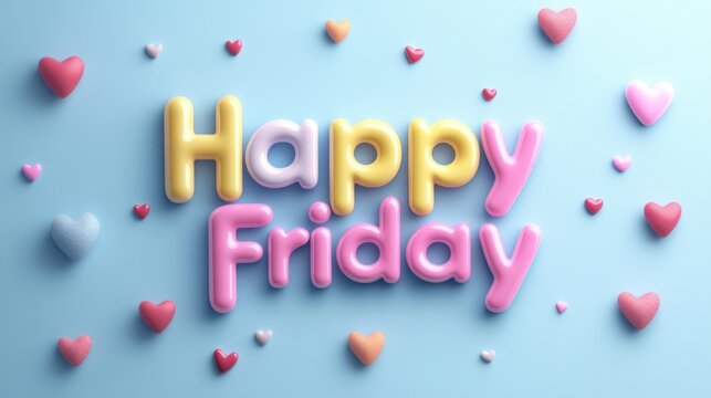 Bright and cheerful letters displaying happy friday are surrounded by colorful hearts on a light blue background, creating a festive mood perfect for celebrating the weekend