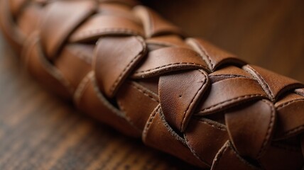 Obraz premium Braided leather strap detail, warm tones, close-up macro photography on wooden background