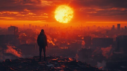 Obraz premium Dramatic sunset casting fiery glow over a ruined cityscape with a lone figure amidst destruction