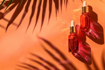 Fototapeta premium Red glass dropper bottle with silver lid on an orange background. Skincare products with beautiful daylight. Trending concept natural cosmetic with eucalyptus leaves shadow. Beauty concept for face