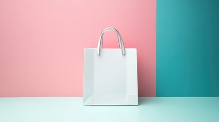 A minimalist white shopping bag against a pastel pink and teal background.