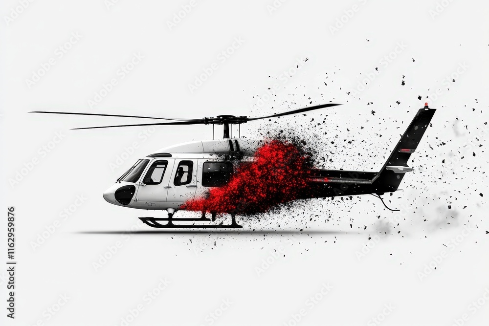 Poster artistic helicopter design with a dynamic explosion of red particles