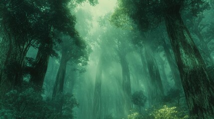 Obraz premium Mystical foggy forest with tall trees, sunlight filtering through canopy.