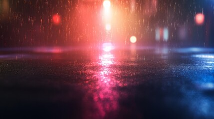 Obraz premium A blurry image of a wet street with a red and blue background