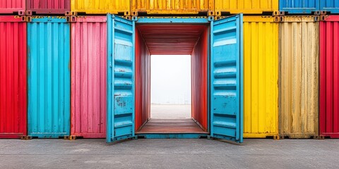 Colorful shipping containers with an open door revealing a bright space