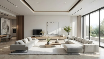 "Minimalist interior design featuring clean lines, neutral colors, and modern furniture. The space exudes an open, airy atmosphere, focusing on simplicity and elegant functionality."
