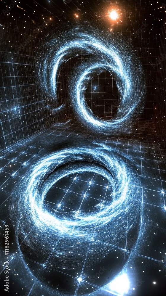 Poster cosmic dance of merging black holes creating ripples in the fabric of spacetime