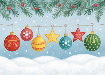 christmas decoration fir tree branches with snow, gold red balls and stars on white background composition
