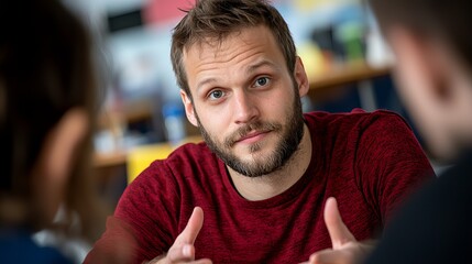 A focused young Caucasian man engaged in conversation, wearing a red shirt, surrounded by listeners in a casual setting.