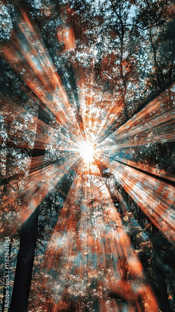 Poster Light Breaking Through the Forest Canopy in a Dazzling Display of Colors and Energy