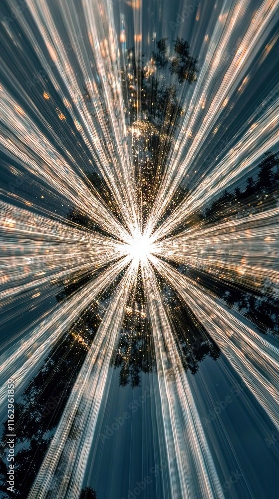 Poster brilliant rays of light burst through the serene canopy of trees during twilight