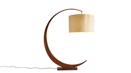 Modern wooden arc floor lamp featuring a beige shade, offering a stylish and minimalist design suitable for home or office lighting decor isolated on white background
