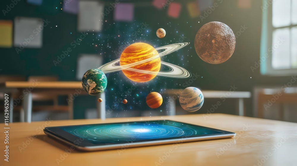 Poster a tablet on a classroom desk displays an augmented reality hologram with planets and cosmos, illustr