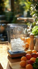Clear glass container filled with crushed ice on wooden kitchen table with fresh oranges and green plants in bright natural sunlight, perfect for summer beverages or healthy cooking background
