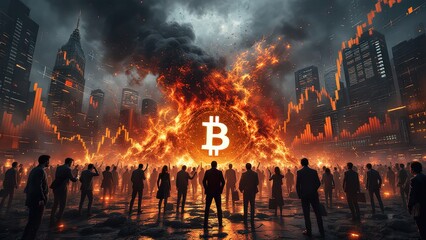 Dramatic Bitcoin Scene with Flames and Cityscape in Dark Colors
