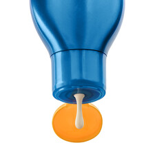 Blue Plastic bottle of sun protection lotion and flow white cream on white background.