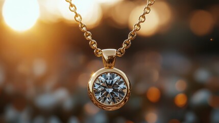 Elegant gold flower pendant glistening in sunlight among blooming flowers during golden hour