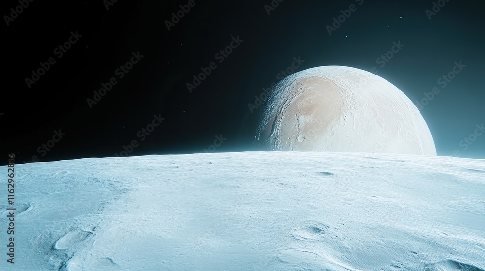 Poster exploring alien landscapes with distant celestial bodies shining in the dark cosmos