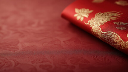 Close up of red packet with embossed phoenix design and intricate patterns