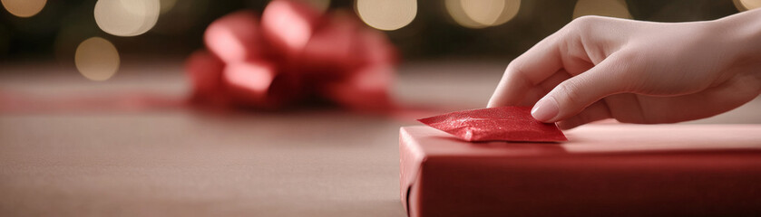 hand sliding red packet onto beautifully wrapped gift