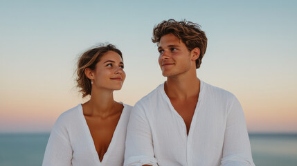 Obraz premium Minimalist couple wearing matching white linen outfits by beach at sunset