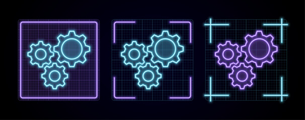 Gears settings icon illustration, cyber neon visual, glowing border grid vector.