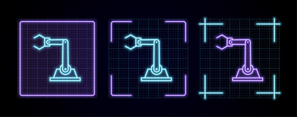 Robotic arm icon illustration, cyber neon visual, glowing border grid vector.