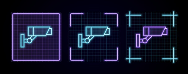 Surveillance camera icon illustration, cyber neon visual, glowing border grid vector.