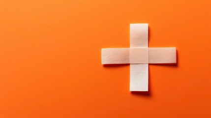 White adhesive bandages arranged in a plus sign shape on an orange background.