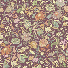 Vector, non directional floral pattern featuring a rich variety of simple daisies, lavender, dahlias, gerberas, ferns abstract, hand drawn flowers, leaf silhouettes on a pastel burgundy background.