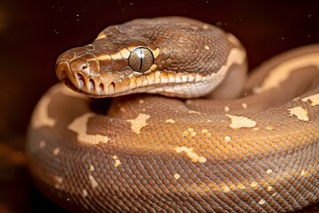 Fototapeta premium Coiled Python Snake with Mahogany Brown Background