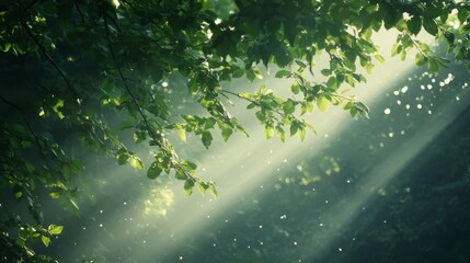 Sunlight streams through the lush green leaves of trees in a peaceful forest, creating a serene atmosphere. Fine particles of dust glimmer in the rays of light, enhancing the tranquil mood