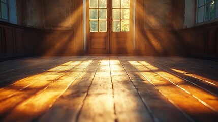Sunlight streams through a vintage room illuminating wooden floors