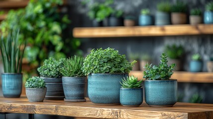 Fototapeta premium Indoor herb garden with potted plants on rustic shelves