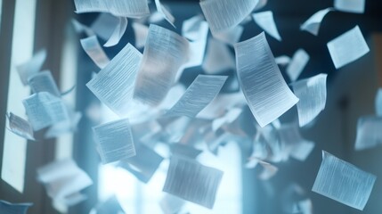 Sheets of paper drift through the air in a bright setting, illuminated by soft sunlight pouring in through the windows. The serene atmosphere highlights the delicate movement of the fluttering pages