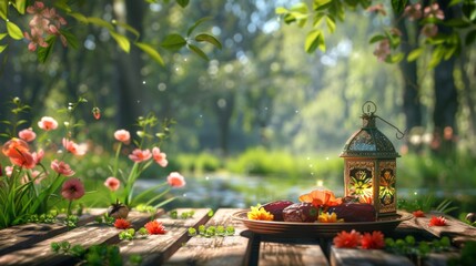 Naklejka premium concept Ramadan Kareem with plate of dates Iftari and ancient Arabic lantern on a vector wooden background and flower