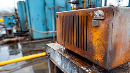 Charred Remnants of a Malfunctioning Electric Unit in a Weathered Industrial Setting