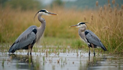 Obraz premium Two great blue herons standing gracefully in wetland environment near calm water