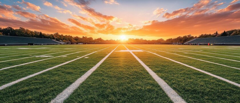 A football field with a sunset in the background