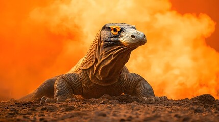 Powerful Komodo Dragon Basking in Fiery Orange Landscape