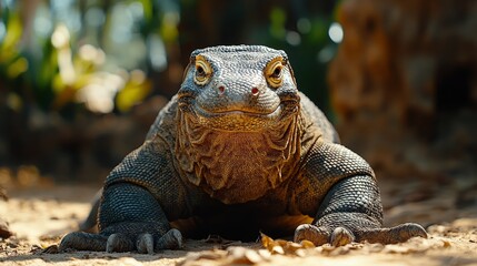 Large lizard basking on rocks near clear water in a sunlit natural habitat setting